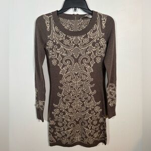 Athleta Jacquard Sweater Dress Brown Beige Knit Pattern XXS